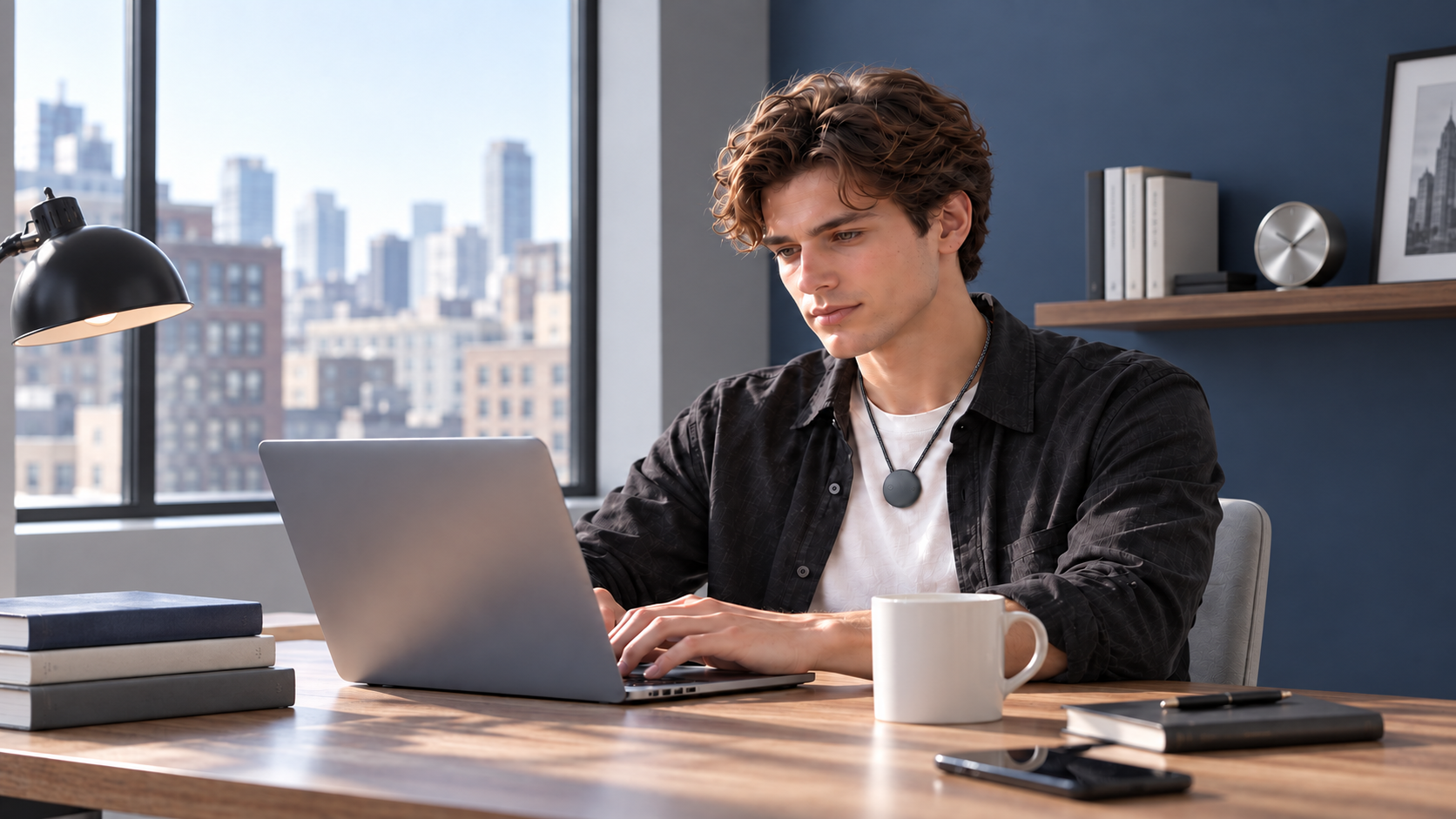 Working on a laptop while wearing AMOFIT