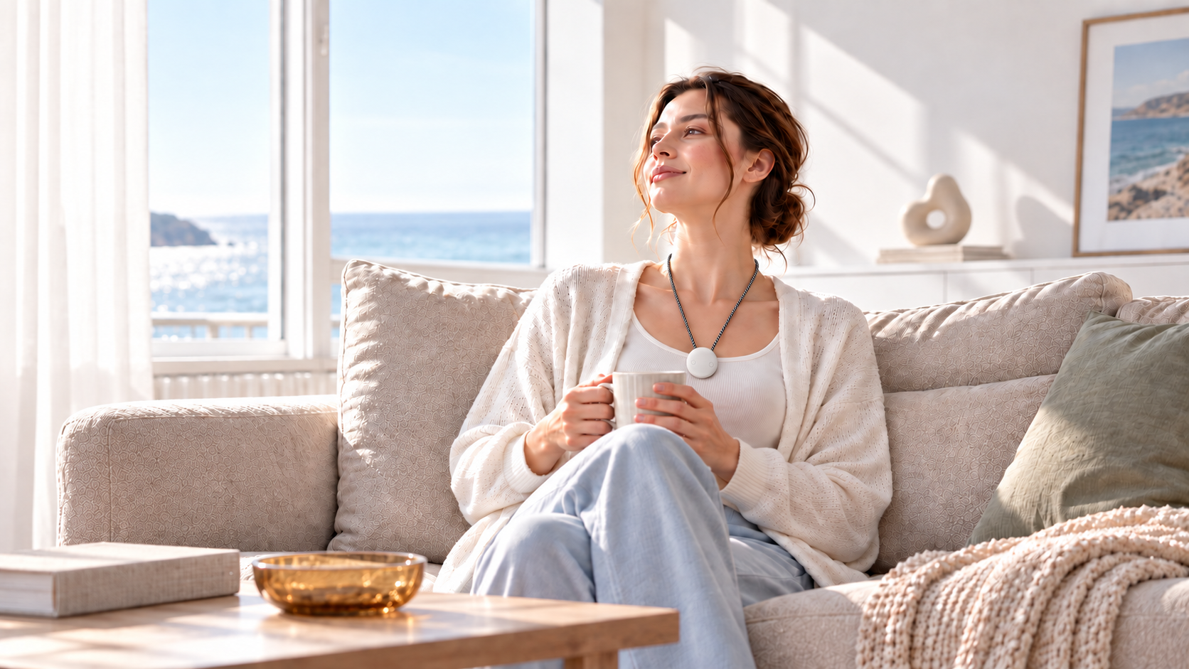 Resting on a sunlit sofa with a warm drink while wearing AMOFIT