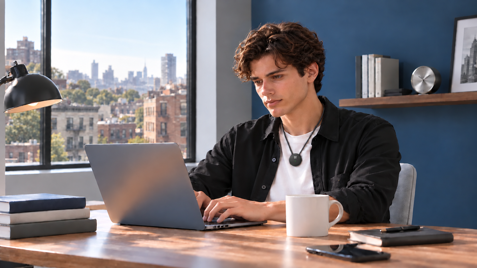 Working on a laptop while wearing AMOFIT