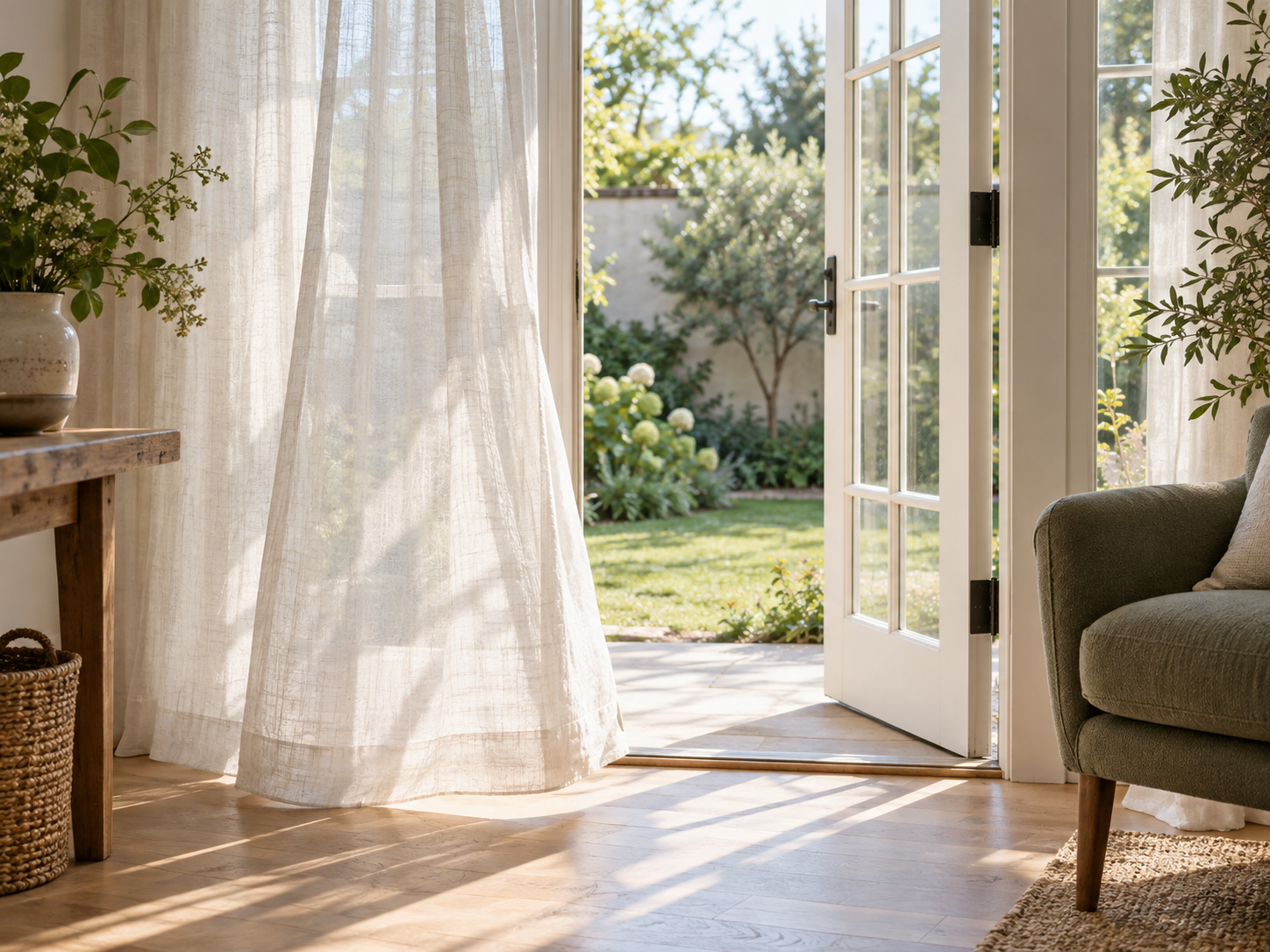 Soft morning light entering through an open garden door
