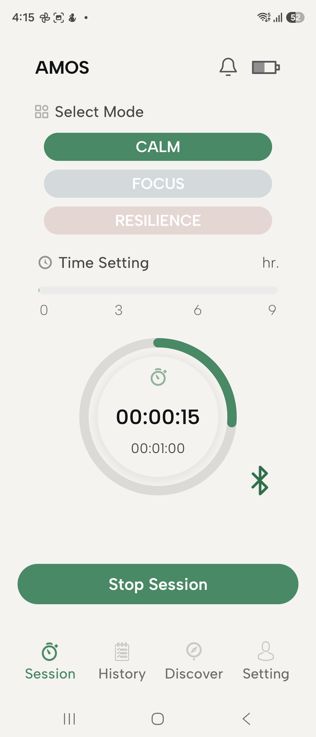 AMOS APP mode selection and session screen