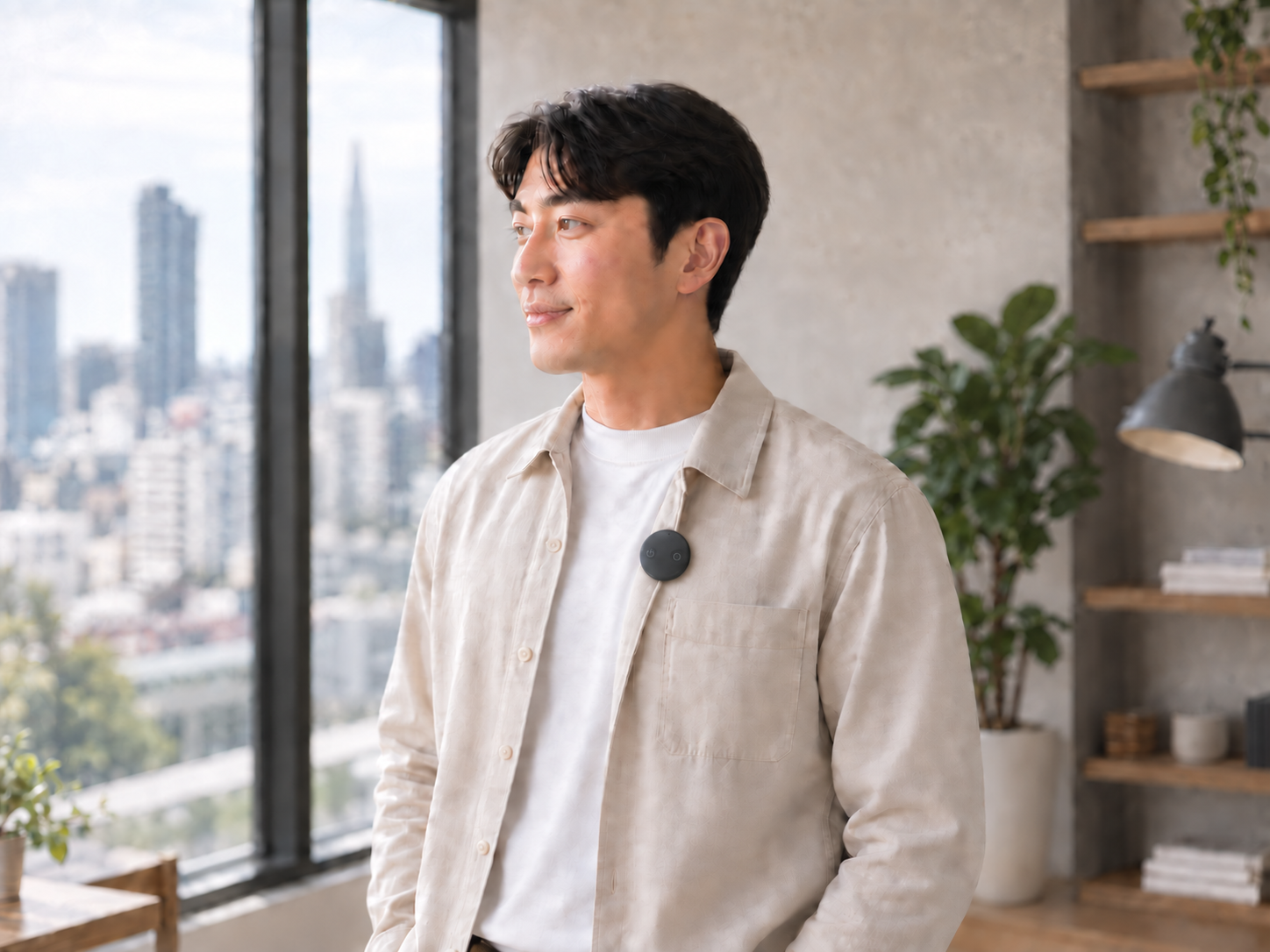 A man wearing charcoal AMOFIT clipped to his shirt opening