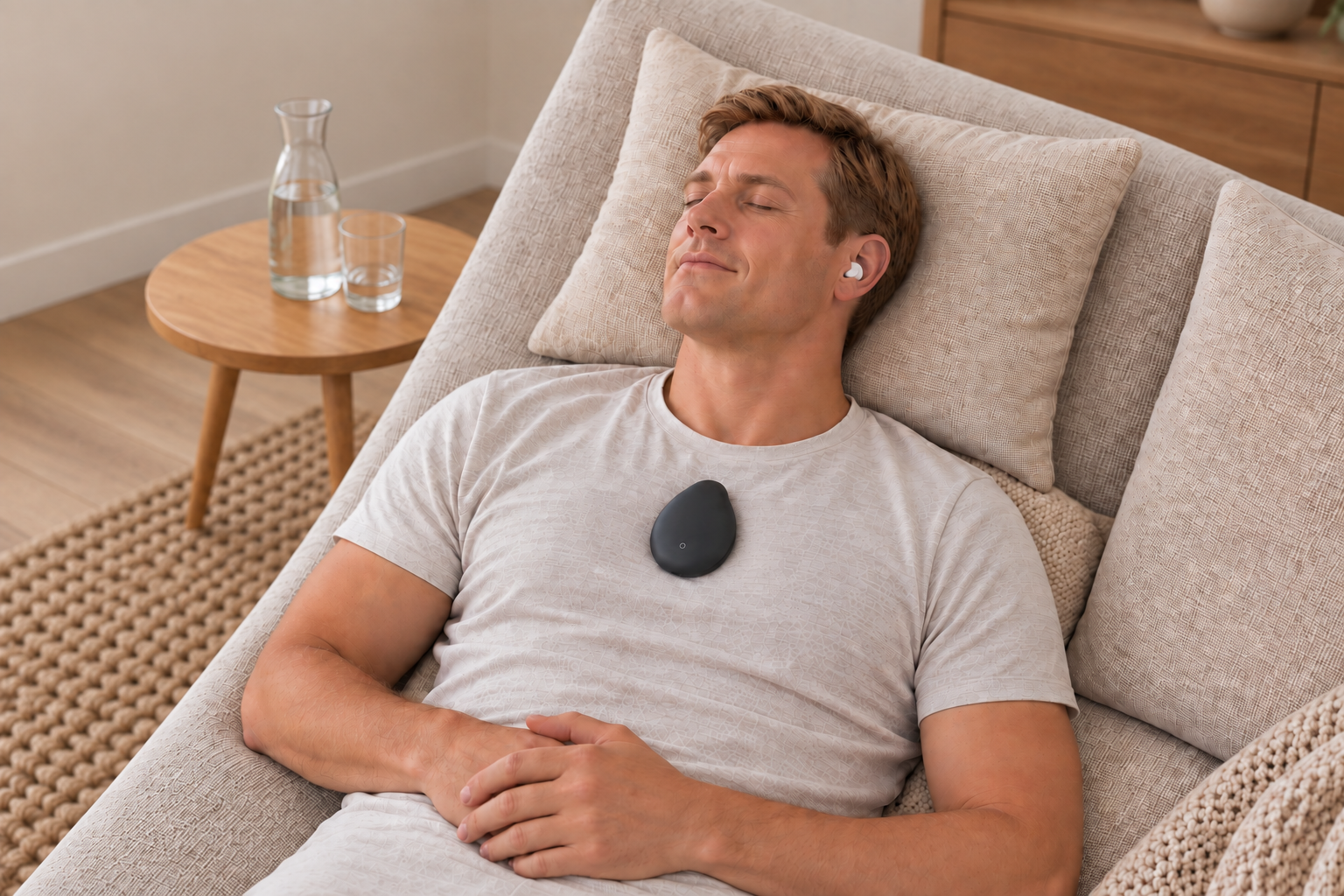 A man lying back with a thick vibration device resting on his chest and wireless earbuds