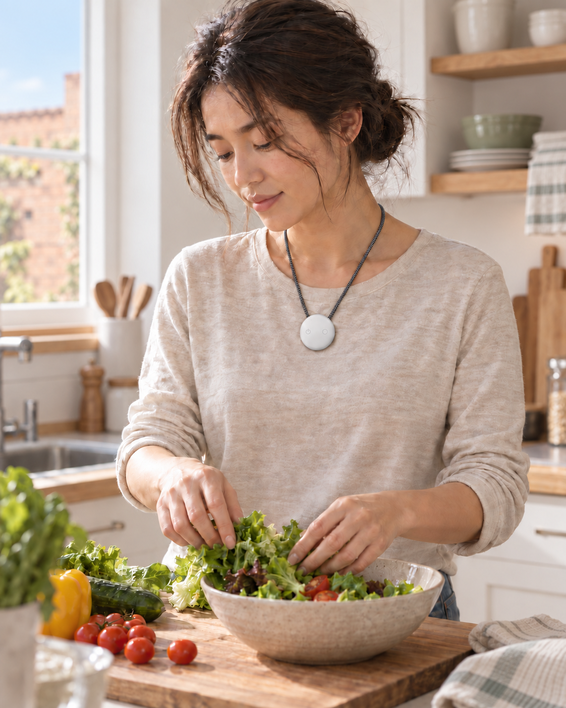 A woman preparing a meal with a white AMOFIT pendant worn over her top on a black-and-white braided necklace cord