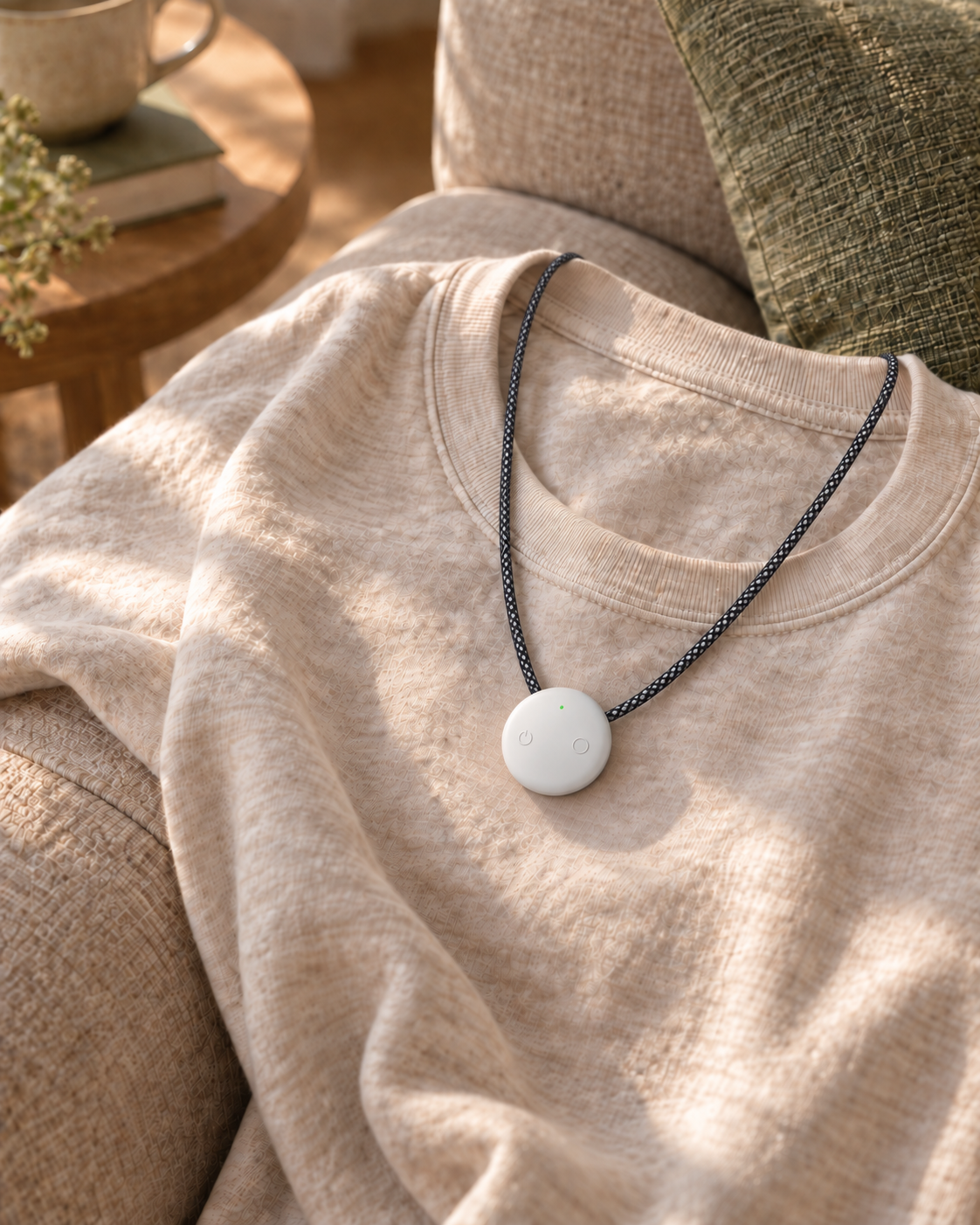 White AMOFIT S Pro and its black-and-white braided necklace cord resting on the outside of a cotton top