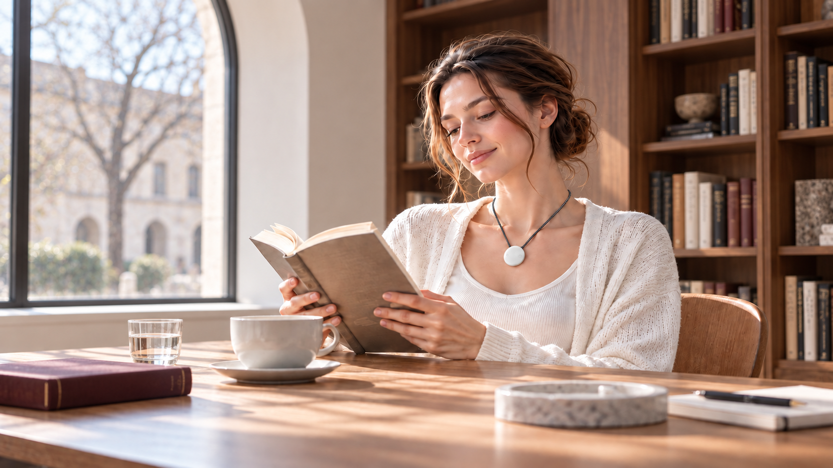 Reading by a bright window while wearing AMOFIT
