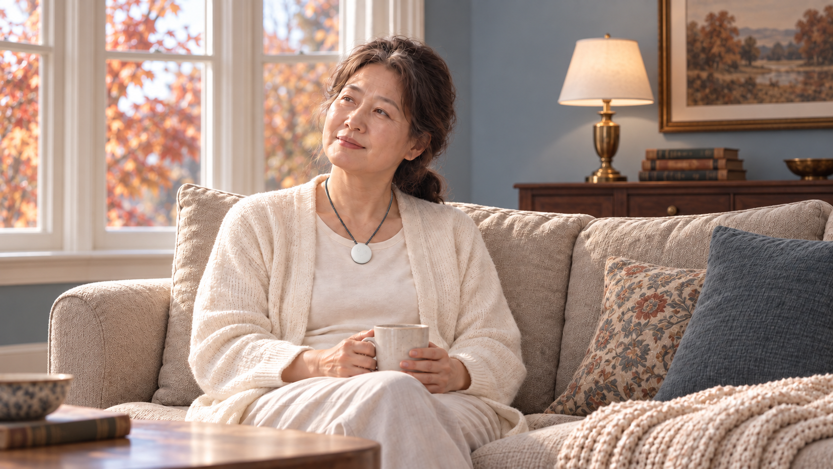 An older woman resting comfortably in a bright cream living room, wearing a white AMOFIT S Pro over her top