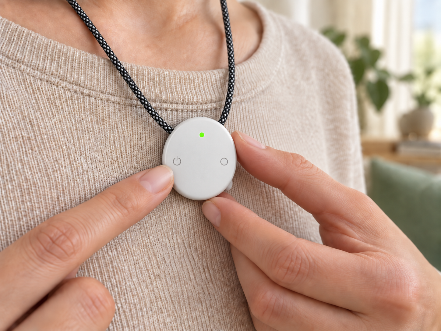 Pressing the power button on a white AMOFIT S Pro worn over clothing