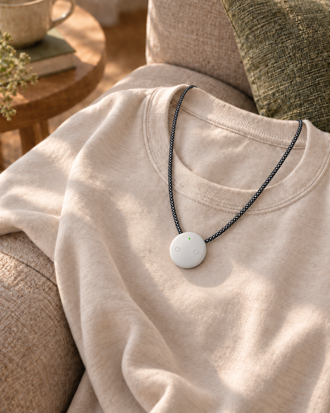 AMOFIT worn over clothing with a necklace cord