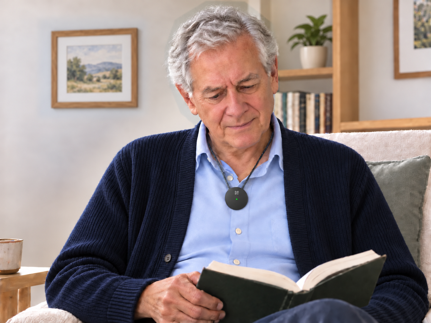An older man reading while wearing the charcoal gray device