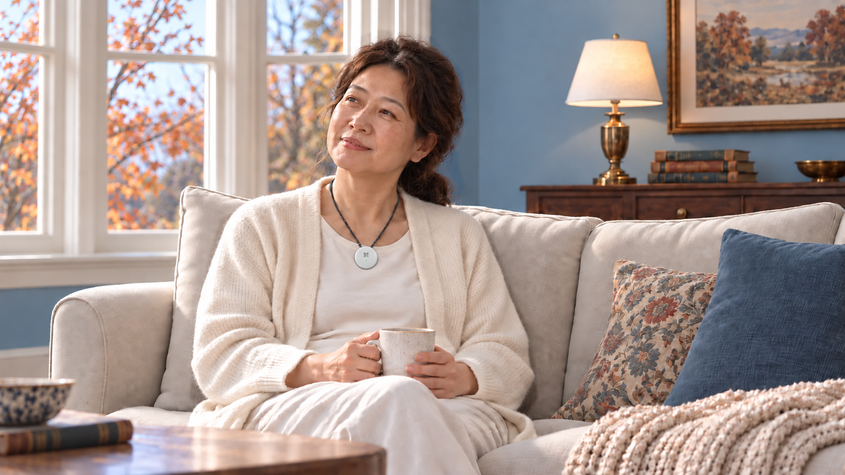 An older woman resting comfortably in a bright cream living room, wearing a white AMOFIT S over her top