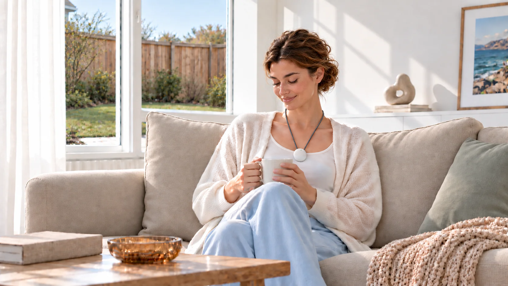 Resting on a sunlit sofa with a warm drink while wearing AMOFIT